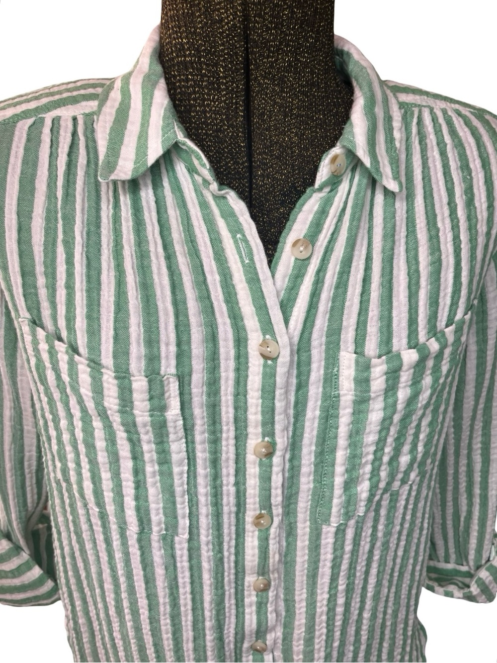Pilcro Green and White Striped Button Down Shirt - Picture 9 of 15